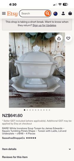 White Ironstone Soup Tureen by James Edwards ~ Square Tumbling Petals Shape ~ Tureen with Ladle, Lid and Underplate ~ c1848 ~ 4 Pieces
