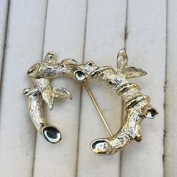 Vintage "C" Brooch by Sarah Coventry, Gold Tone Textured Tree Branch w/ Leaves, Initial Brooch, Costume Jewelry, Lapel Pins, C Letter Brooch