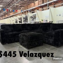 ✅️✅️ 4pc Black  corduroy fabric upholstered sectional sofa with ottoman ✅️✅️