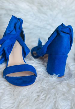 Blue Suede Block Heel Sandals with Tie Straps