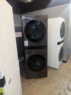 LG 27” WIDE FRONT LOAD WASHER & 220 VOLT ELECTRIC DRYER LAUNDRY TOWER IN BLACK STEEL 😍