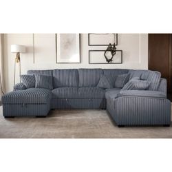 Brand New Dark Gray Jumbo Corduroy LHF Fabric U-Shaped Pull Out Sectional Sofa w/ Storage Chaise + Pillows