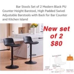 New Bar Stools Set of 2 Modern Black PU Counter Height Barstool, High Padded Swivel Adjustable Barstools with Back for Bar Counter $80