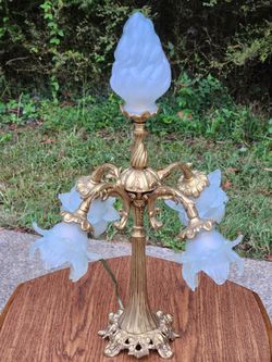 Vintage Brass Art Nouveau French Lamp w/ Frosted Glass Tulip Flame Shades - Hollywood Regency