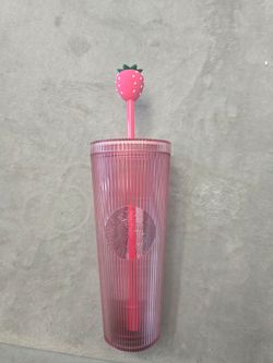 Starbucks LIMITED EDITION Pink Ribbed Tumbler with Strawberry Straw
