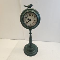 14” vintage-style table clock green with a bird figurine. Rustic, charming, working home decor 