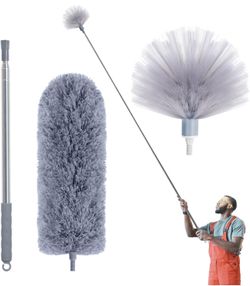 Cobweb Duster with Extension Pole, Spider Web Brush & Ceiling Duster Kit for Cleaning, 100" Microfiber Feather Duster Cleaner with Washable Head for C