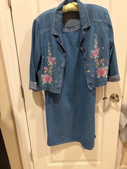 Denim Dress and Jacket Set with Floral Embroidery