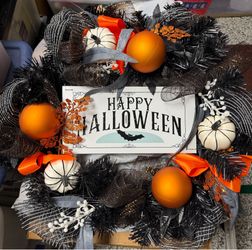 Handmade Happy Halloween Wreath with Pumpkins and Ornaments