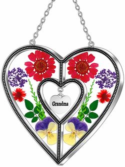 Grandma Heart Suncatcher with Pressed Flowers