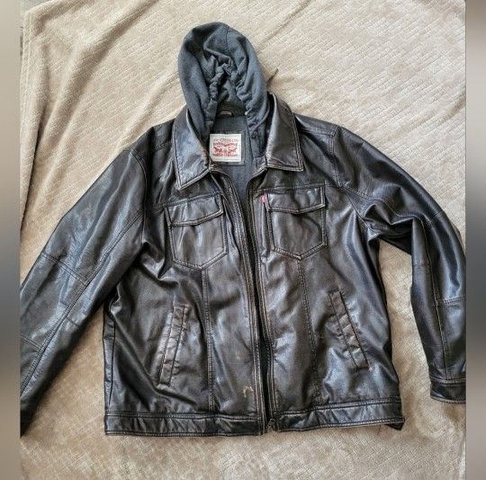 Levi's Faux Leather Hooded Jacket Coat Men's XXL Dark Brown Lined