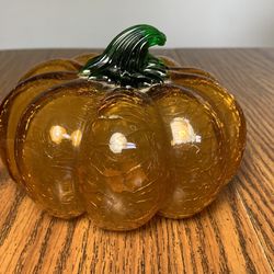 Crackled Art Glass Pumpkin Yellow Amber Glass Green Stem Paperweight Figurine