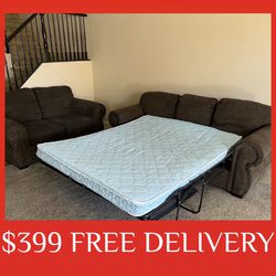 Dark gray Studded Pull Out Bed 2 piece COUCH SET sectional couch sofa recliner (FREE CURBSIDE DELIVERY) 