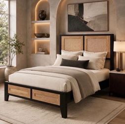 Full Size Rattan Bed Frame with Headboard, Boho Metal Platform Bed.