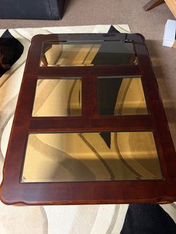 Vintage Wood Coffee Table with Glass Inlay Panels
