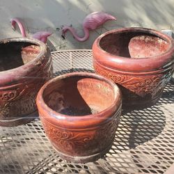 3 Glazed Clay Flower Pots
