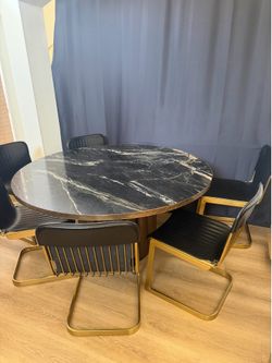 Round Marble Dining Table with 6 Gold Base Chairs