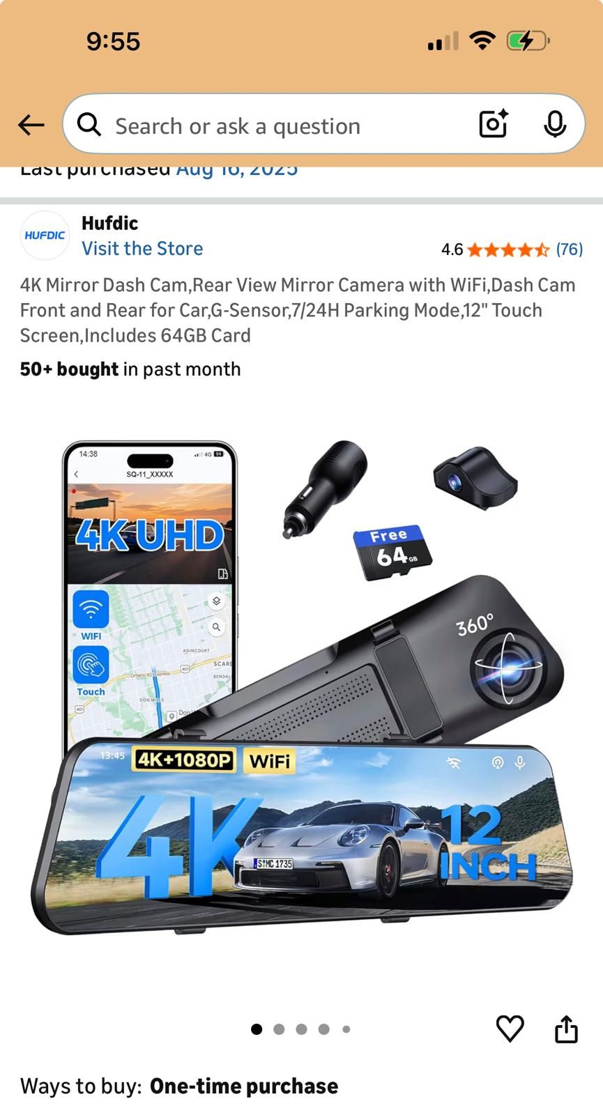 4K Mirror Dash Cam,Rear View Mirror Camera with WiFi,Dash Cam Front and Rear for Car,G-Sensor,7/24H Parking Mode,12" Touch Screen,Includes 64GB Card