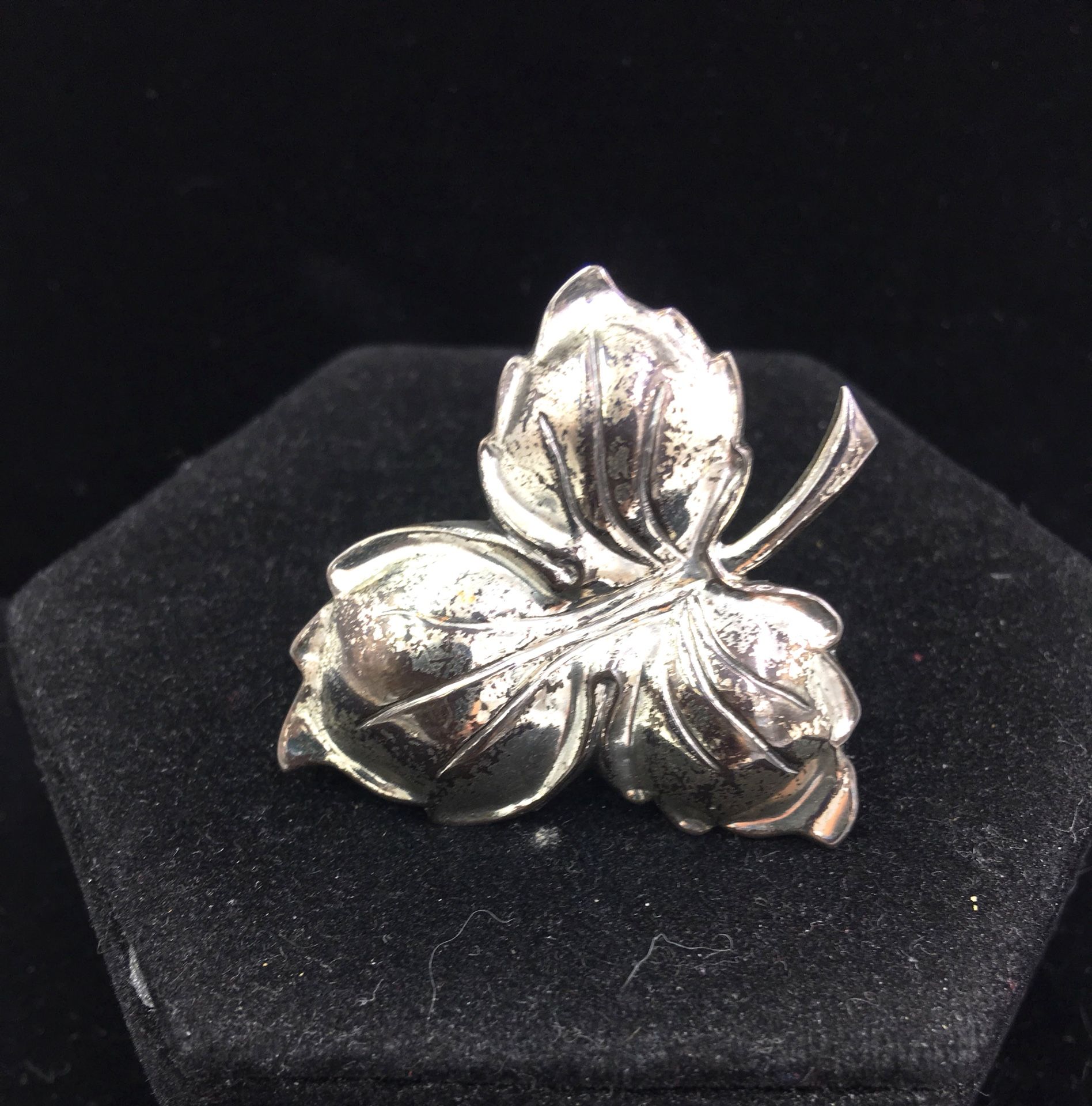 Signed STERLING trefoil leaf brooch