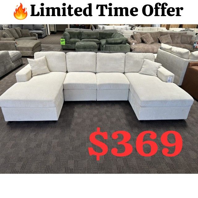 Ivory u shaped corduroy double chaise sectional sofa