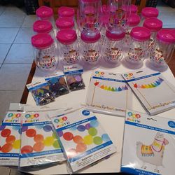 New Cinco de Mayo party supplies.  20 Fiesta tumbler Cups, 45 Linking Balloons, Llama walking Balloon, 2 packages of Tassel Cake toppers