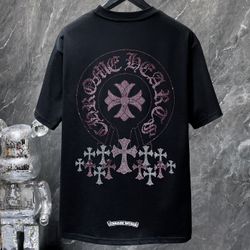 Chrome Tee Hearts Rhinestone Black T Shirt Pink Purple Bling Large L XL