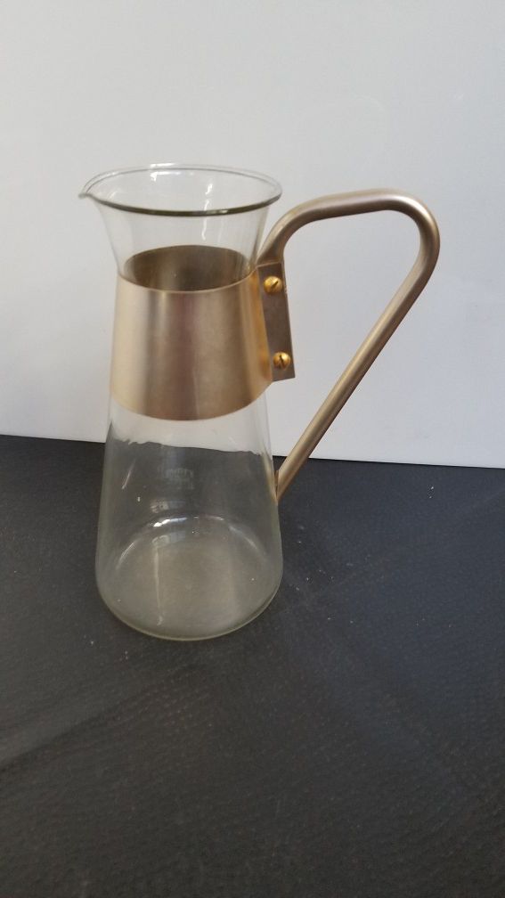 Vintage MCM Pyrex gold aluminium & glass pitcher