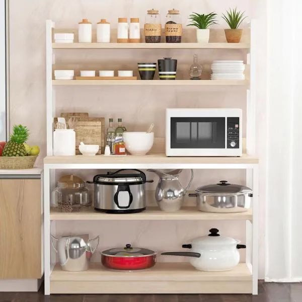 5-Tiers Standing Baker's Racks with Wood Table Utility Storage Shelf Kitchen Organizer Rack Beige