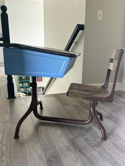 Vintage Lift-Top School Desk with Chair - Blue Storage Bin, Cast Iron Base