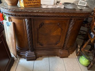 Cherry Wood & Marble Bar with 2 Bar Chairs