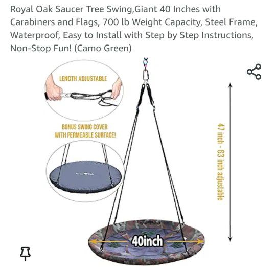 Royal Oak Saucer Tree Swing, Giant 40 Inches with Carabiners and Flags, 700 lb Weight Capacity