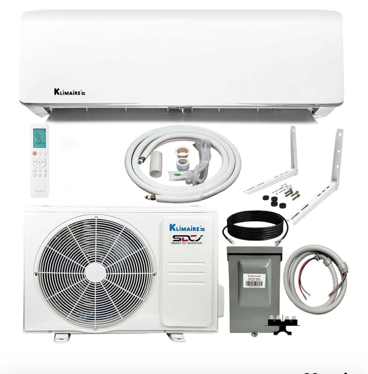 Klimaire 12,000 BTU 20.8 SEER2 Ductless Mini-Split Inverter Air Conditioner Heat Pump System with All-Inclusive 16' Installation Kit, Wall Bracket, El