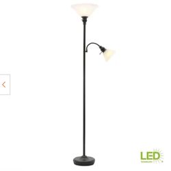 71 in. Bronze Mother Daughter Torchiere Lamp with Alabaster Glass Shade and 9.5-Watt LED Bulb Included