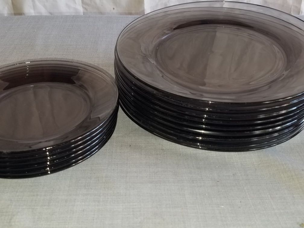 Brown glass dinnerware 8 dinner plates 10 1/2", 6 salad plates 7 3/8" A126Z567