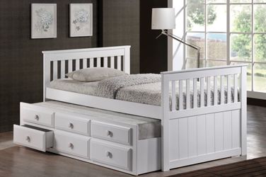 WHITE TWIN PLATFORM BED W/TRUNDLE & DRAWERS (M) $299 mattresses sold separate $99 each & Up