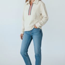 Evereve Women’s Ivory Quarter Front Zip/ Stripe Pullover Sweatshirt Size Small