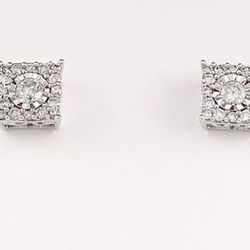 New 14k White Gold Square Diamond Earrings 