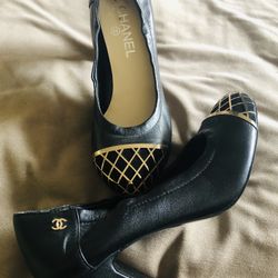 Black Leather Pumps Gold Caged Trims