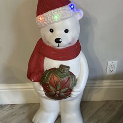 Christmas Blow Mold Polar Bear Holding Ornament w/ LED Lights 34” (Needs Work)