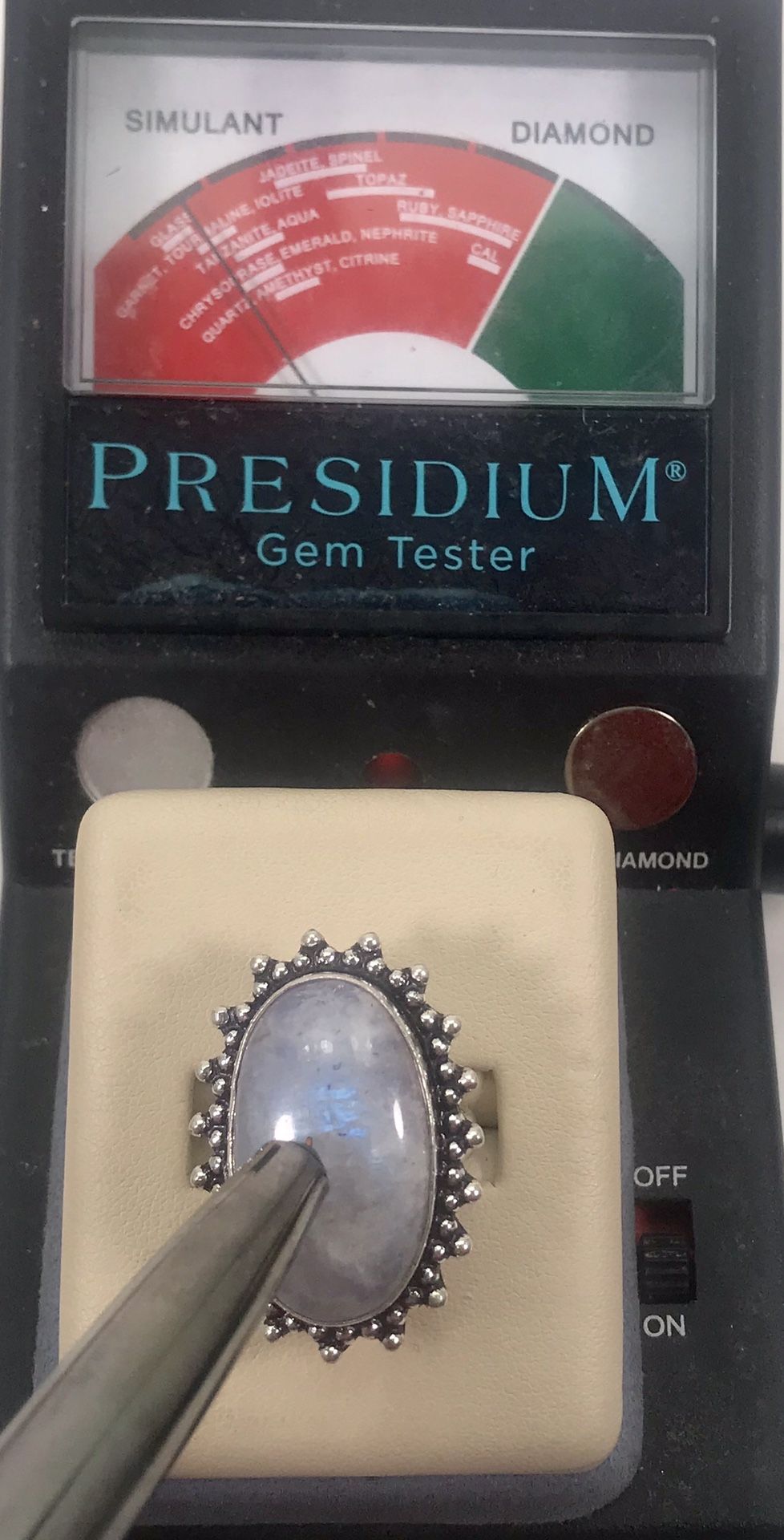 Natural fiery blue rainbow 🌈 moonstone large oval stone & .925 stamped sterling silver embellished ring size 7 NEW!