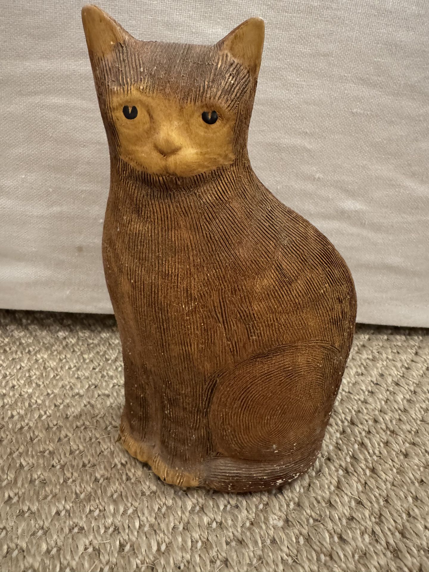 Textured Plaster Chalkware Cat Statue w/ Box - 9 in, Vintage, Brown