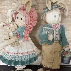 Hand Cut & Painted Wood Rabbits. One Of A Kind.