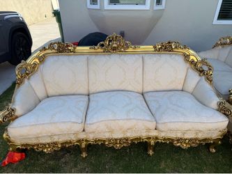 Complete Vintage French Salon Set - Louis XV Gilded Sofa + Loveseat + Bergère Chairs + Tufted Armchair