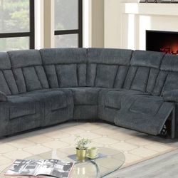New Reclining Sectional. Grey Chenille Fabric. 110” X 99”. Free Delivery!
