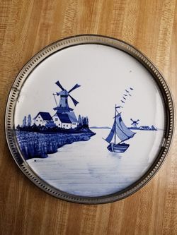 Vintage Delft Blue & White Porcelain Serving Tray Needs Handles Repaired