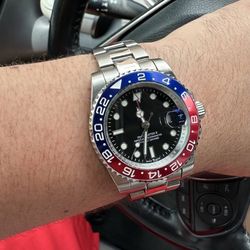 Stainless Steel GMT Sports Watch with Red/Blue Bezel.