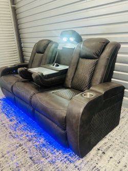 Power leather teather sofa  couch  recliner LED Drop console