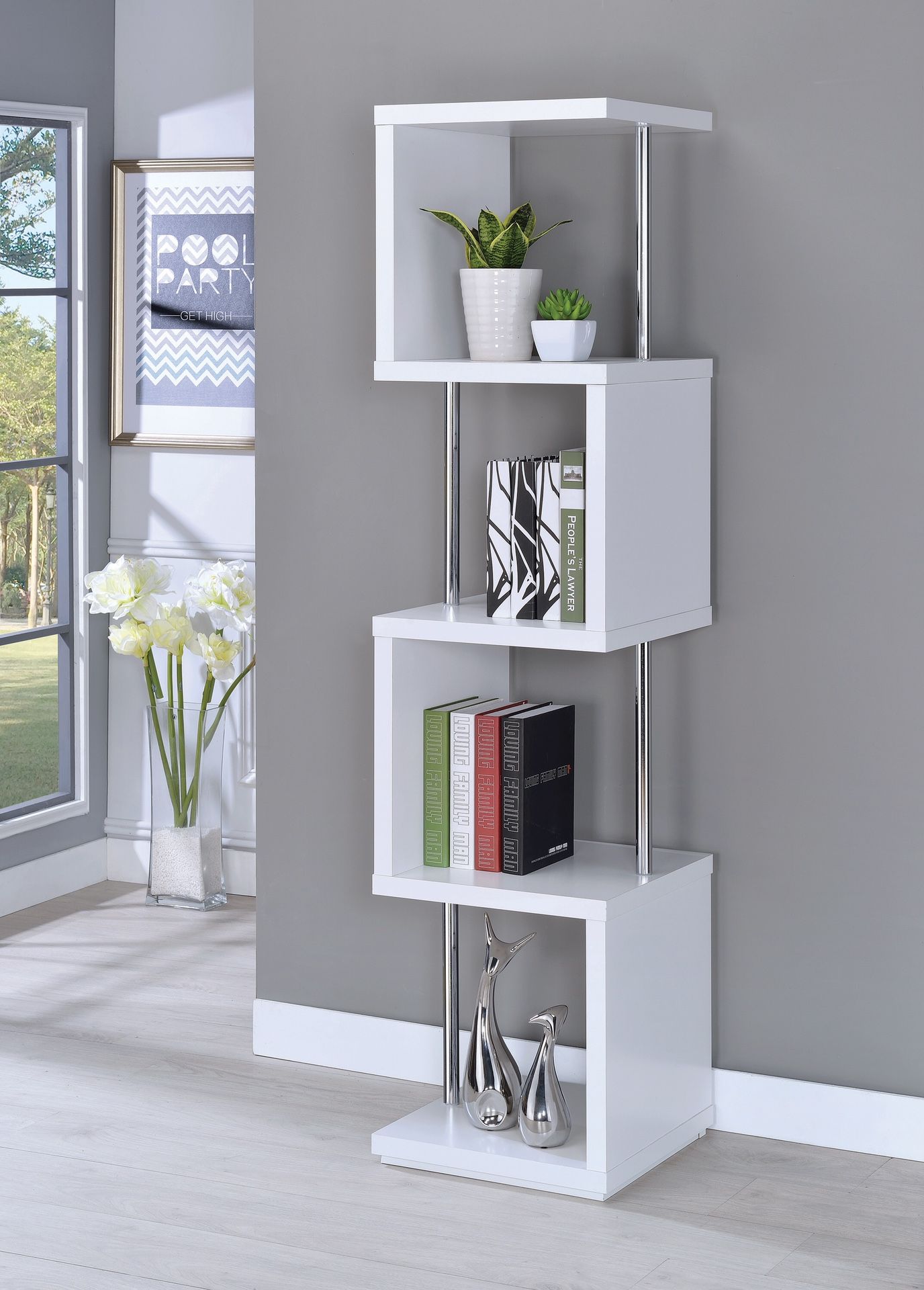 4 Shelf Bookcase White and Chrome! Brand New! Lowest Prices!
