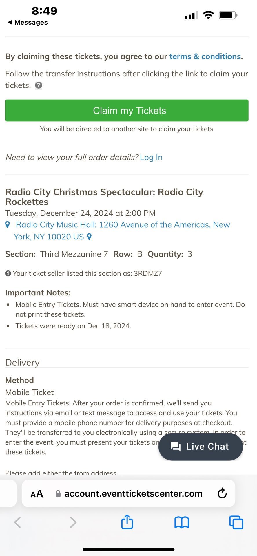 Radio City Rockets, New York Box Office Tickets Third Mezzine Three Tickets $190 Each