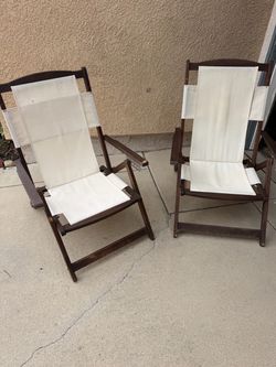 2 Foldable Wooden Frame Sling Chairs with Off-White/Beige Canvas Fabric and Armrests